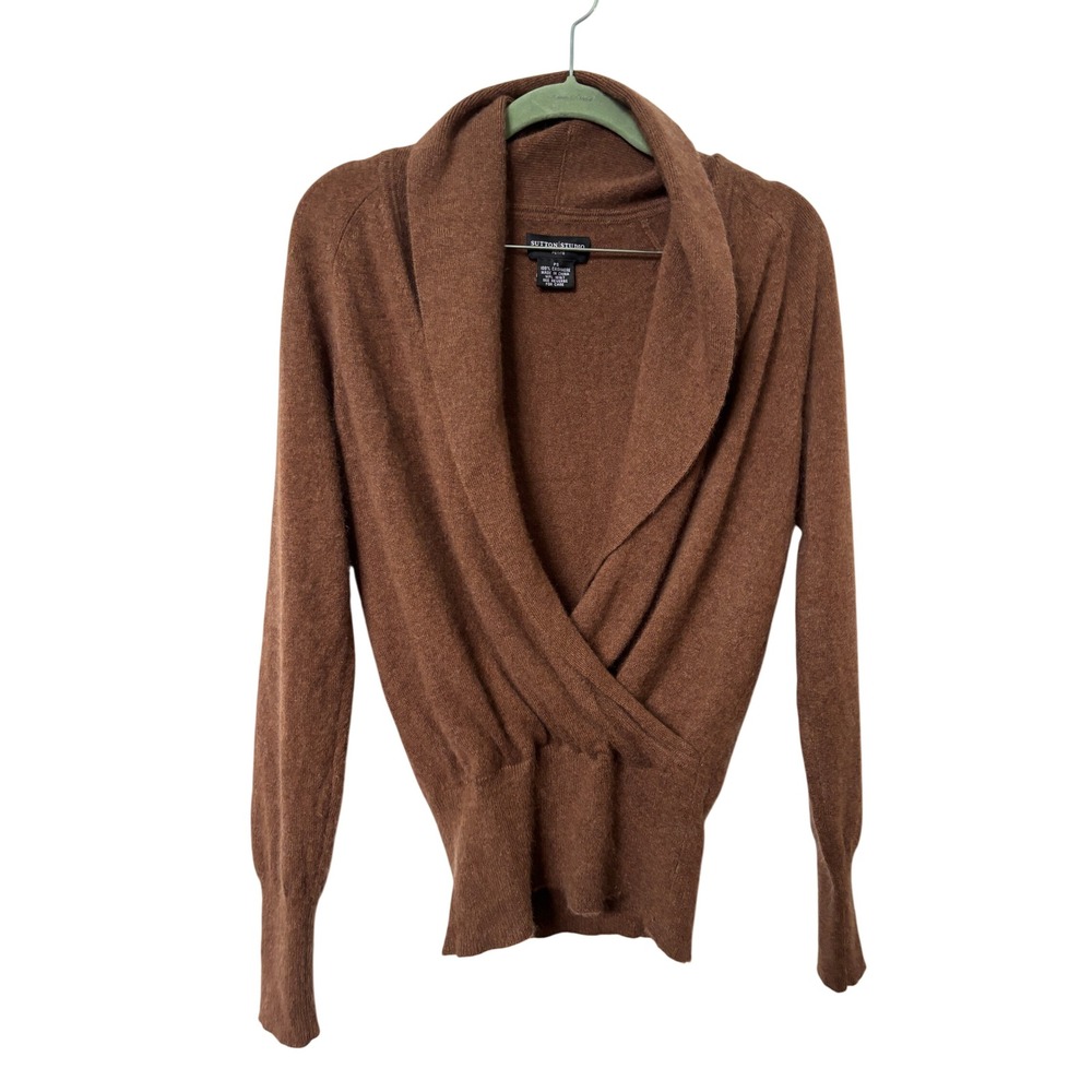 Sutton Studio Petite Brown 100% Cashmere Wrap Front Shawl Collar Sweater PS